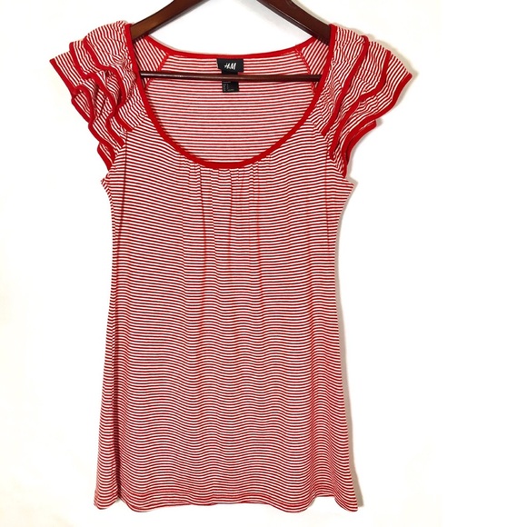 H&M Tops - {H&M} Red & White Ruffle Flutter Sleeve Tank Top